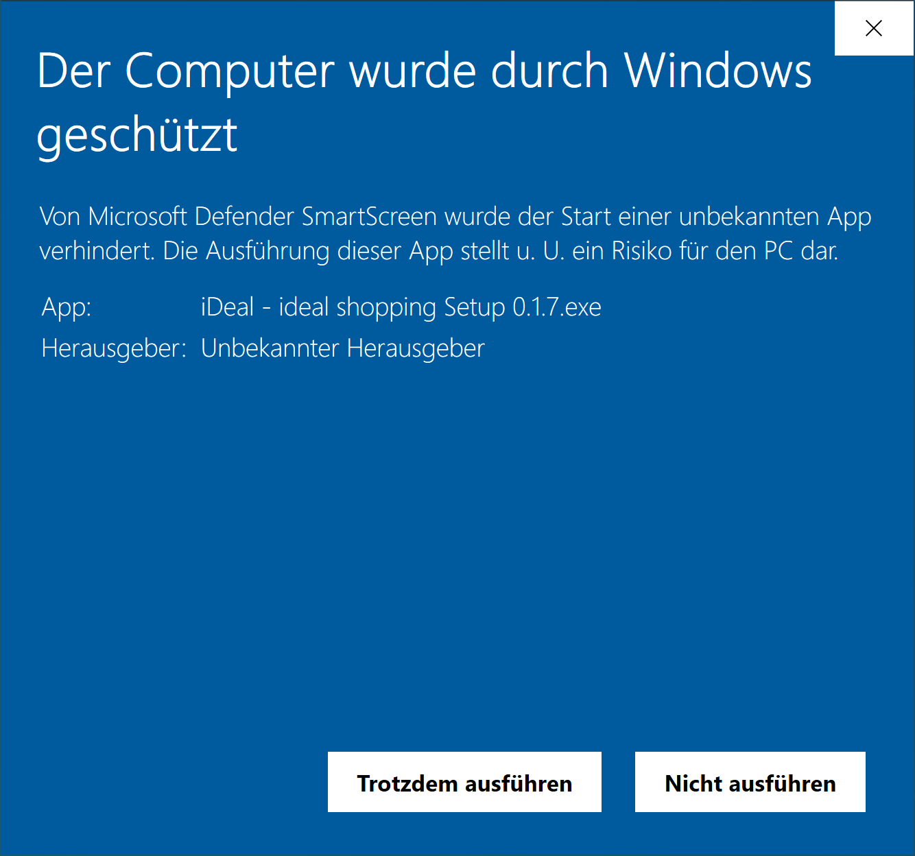 Windows 10 - trotz der Warnung installieren